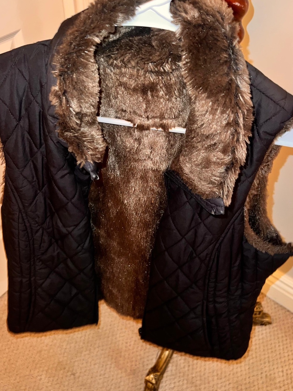 Double Sided Black Quilted Vest with Brown Faux-Fur Lining